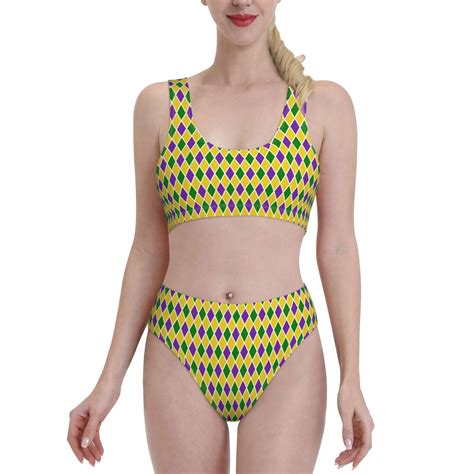 Lukts Women High Waisted Bikini Set Mardi Gras Purple Yellow Plaid