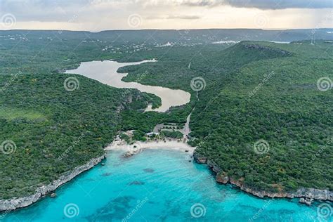 Aerial Views Daaibooi Beach Over The Ocean And Land On Curacao Stock