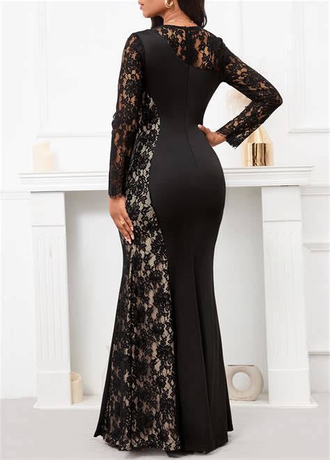 Rotita Patchwork Black Round Neck Long Sleeve Maxi Bodycon Dress