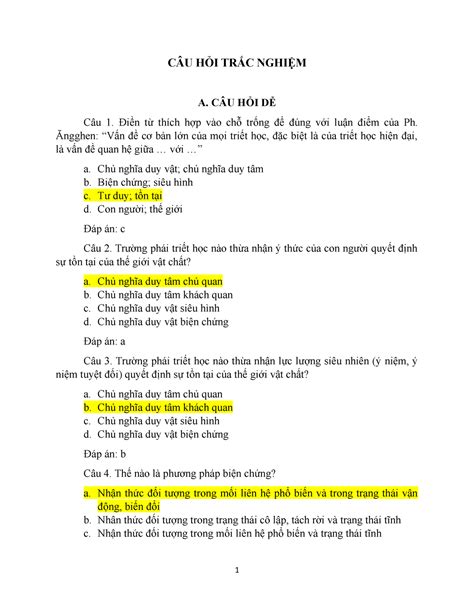 Tap trac nghiem triet CÂU HỎI TRẮC NGHIỆM A CÂU HỎI DỄ Câu 1 Điền