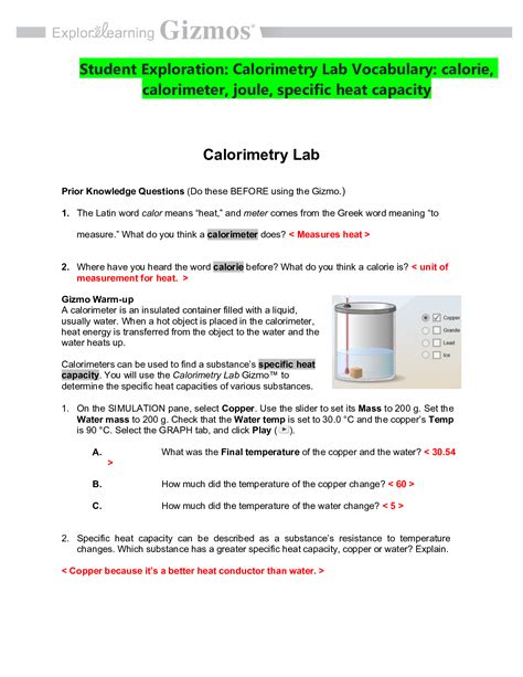 Student Exploration Calorimetry Lab Vocabulary Calorie Calorimeter