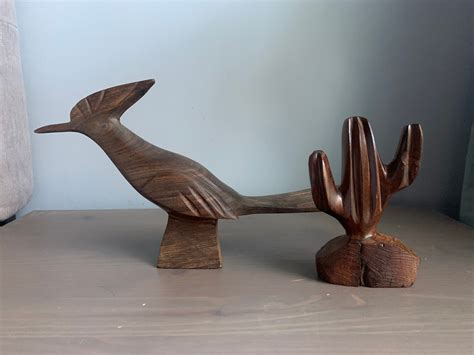 Vintage Solid Iron Wood Carved Mexico Roadrunner Bird Sculpture Mid