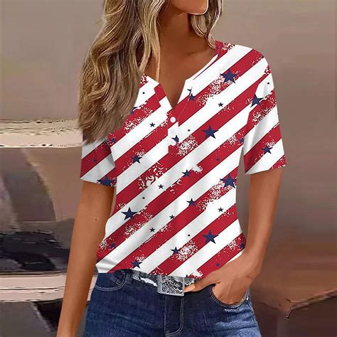 Qcmgmg 4th Of July Tops Short Sleeve American Flag Henley V Neck Blouse