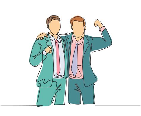 One Continuous Line Drawing Of Two Young Happy Businessmen At The