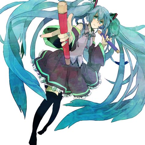 Safebooru Aqua Eyes Aqua Hair Baton Detached Sleeves Hatsune Miku Long Hair Nail Polish