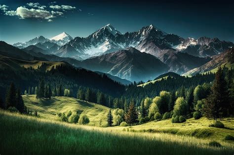 Premium Ai Image Majestic Mountain Range With Lush Meadow In The