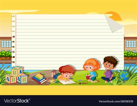 Border template with three kids reading book in Vector Image