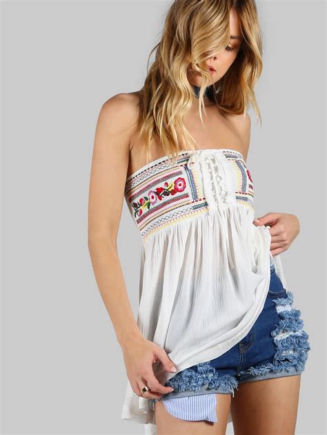 Lace Up Shirred Back Embroidered Flowy Tube Top Shein Sheinside