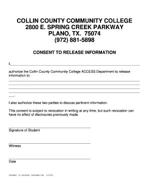 Fillable Online Collin Consent To Release Information Collin College