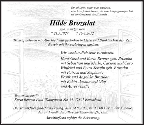 Alle Traueranzeigen für Hilde Brozulat trauer rp online de