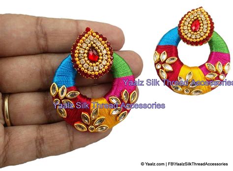 Yaalz Silk Thread Multi Color Kundan Stone Chand Bali Earrings Silk