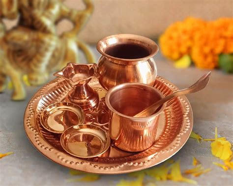 Indian Traditional Copper Pooja Thali Set Of Pcs Panch Patra Copper