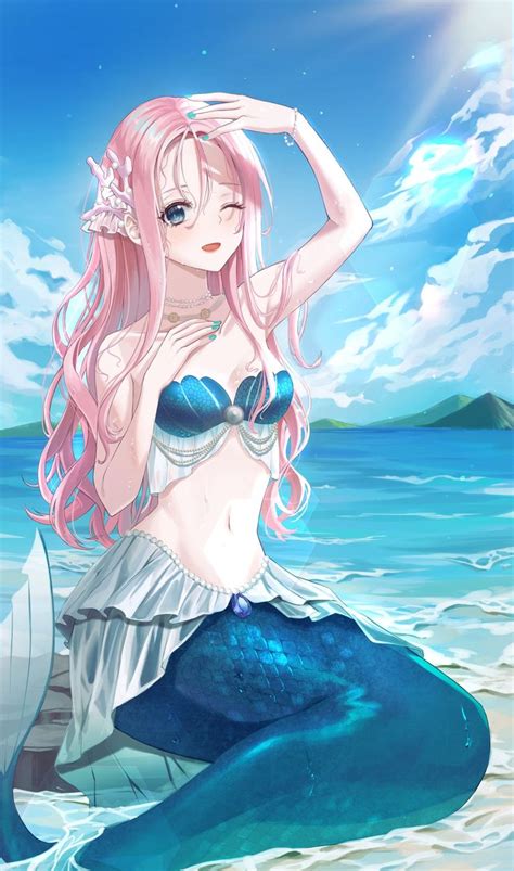 A Woman With Pink Hair Sitting On Top Of A Blue And White Mermaid Tail Next To The Ocean