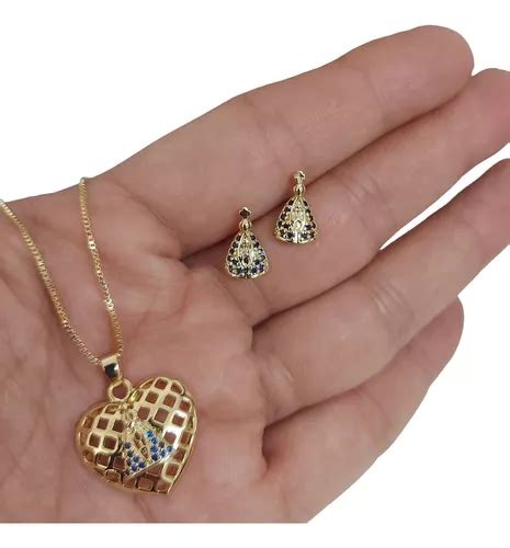 Conjunto Colar E Brinco Nossa Senhora Semijoia Em Ouro K