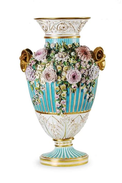 Turquoise Dresden Porcelain Vase With Floral Relief And Gilt Rams