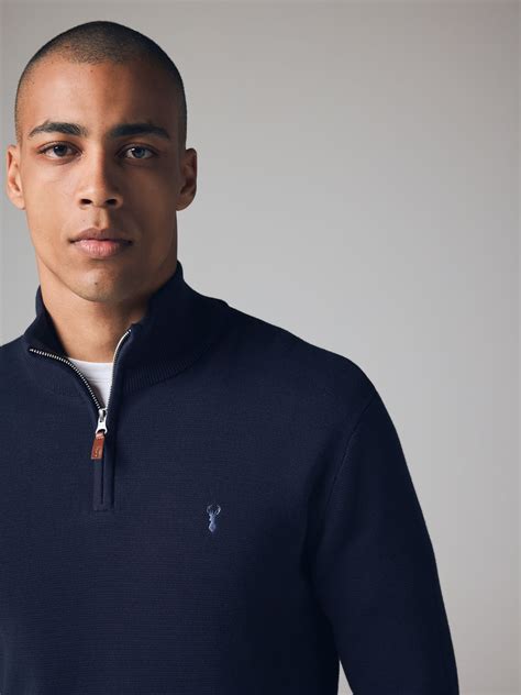 Buy Navy Blue Stag Plain Regular Fit 100% Cotton Premium Quarter Zip