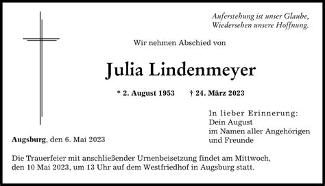 Traueranzeigen Von Julia Lindenmeyer Allg Uer Zeitung