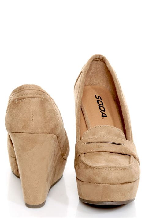 Soda Patio Light Taupe Platform Penny Loafer Wedges 2900 Lulus