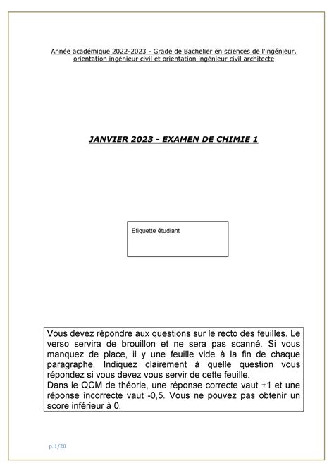 Chimie 1 Janvier 2023 resolution detaillee Année académique 2022