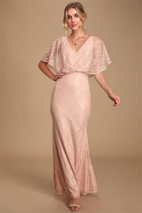 Glam Lace Maxi Dress Flutter Sleeve Maxi Blush Pink Maxi Flattering