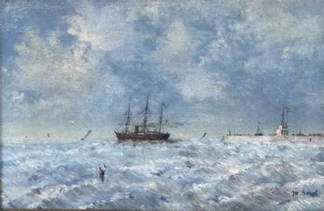 Tableau Ancien Huile Marine Bateaux Mer Paysage Phare Ph Borel Fin Xixe