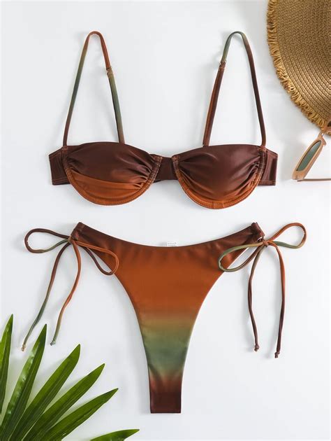 Fashionable And Sexy Ombre Side Tie Bikini Set Bathing Suit For Summer