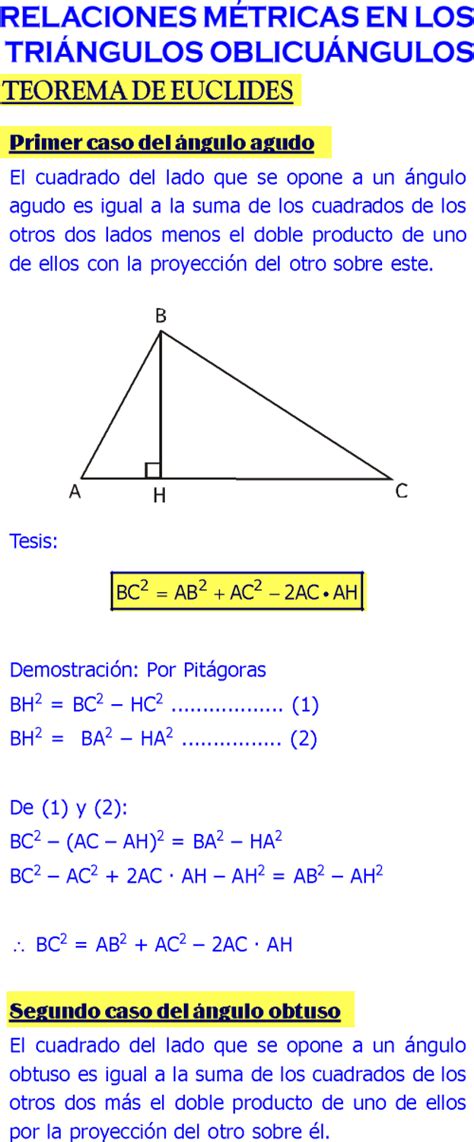 FÓRMULAS DE RELACIONES MÉTRICAS EN TRIÁNGULOS OBLICUÁNGULOS Y