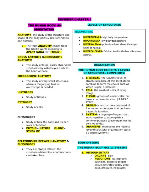 Introduction Reviewer In Anaphy Reviewer Chapter 1 The Human Body An