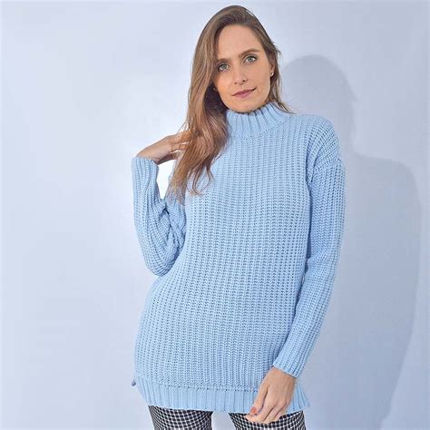 Blusa Tricot Gola Rol Malhas Cida Azul Pole Modas