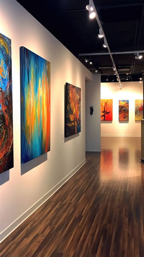 In a modern art gallery, vibrant abstract paintings adorn the walls ...