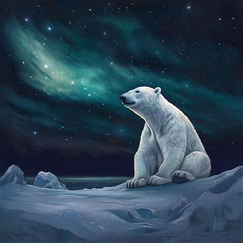 Pintura De Un Oso Polar Sentado En Una Colina Nevada Con Un Cielo