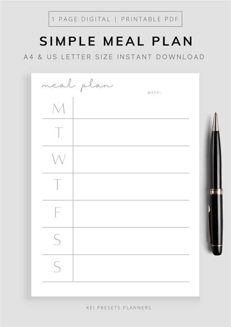 Minimalist Meal Plan Printable Weekly Meal Planner Instant Etsy