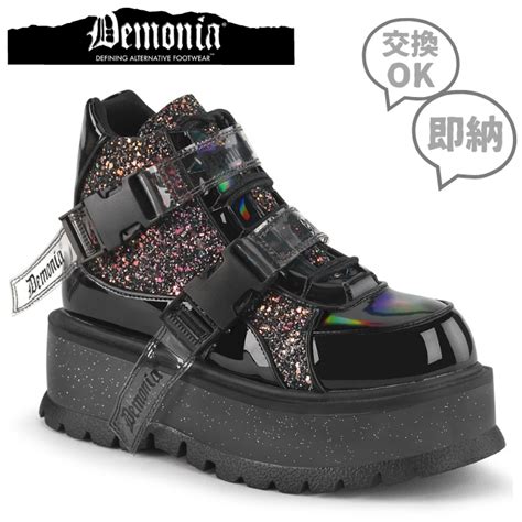 【楽天市場】demonia デモニア 厚底スニーカー ラバーソール 5cm ヒール 黒 ブラック グリッター バックル ストラップ 編み上げ