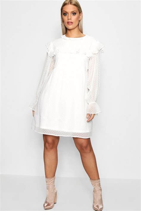 Plus Ruffle Dobby Spot Smock Dress Boohoo