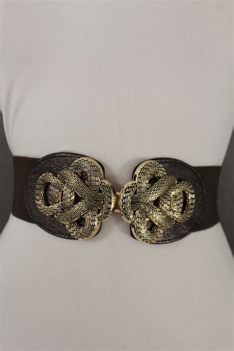 Black Elastic Hip High Waist Belt Gold Metal Plate Chain Big Gold Brai