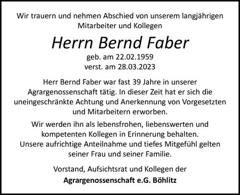 Traueranzeigen Von Bernd Faber Trauer Anzeigen De