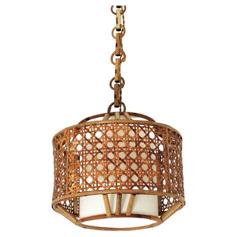 Bamboo Rattan And Wicker Weave Drum Pendant Lamp Or Lantern With Tiki