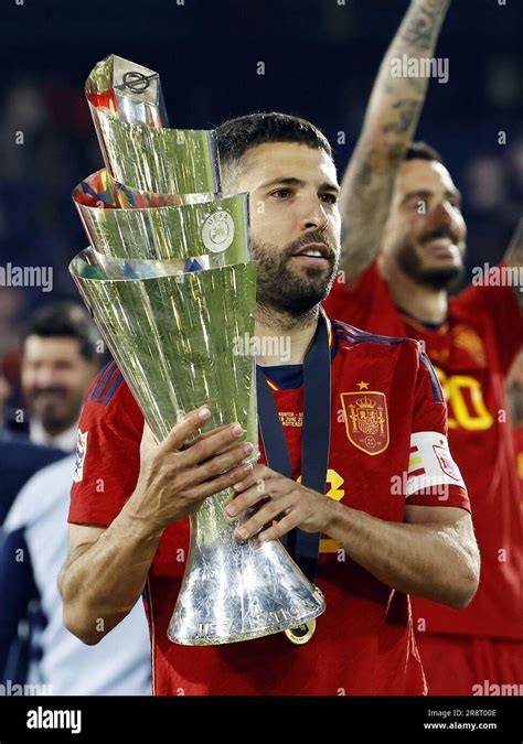 ROTTERDAM Jordi Alba Of Spain With The Nations League Trophy During