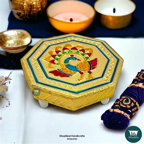 ShopBeat Golden Oxidised Octagon Peacock Wooden Pooja Chowki 4x4 Inches