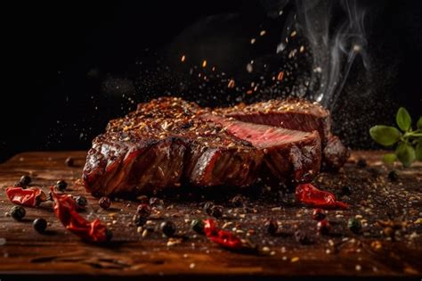 Premium AI Image Grilled Steak Meat Piece With Spices Smoke Fire