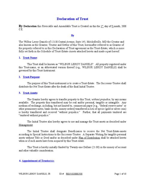 1 Declaration Of Trust Pdf Trust Law Trustee