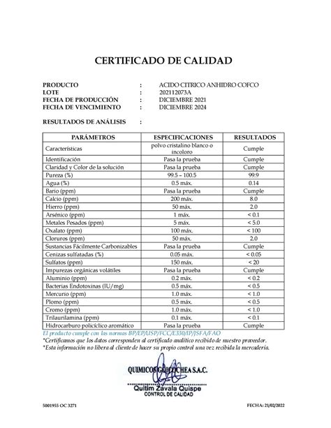 Acido Citrico Anhidro Cofco BOLx25KG NM 5001955 LT 202112073 A OC