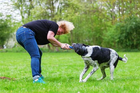 Kvinnalekar Med Hennes Hund Utomhus Arkivfoto Bild Av Hund