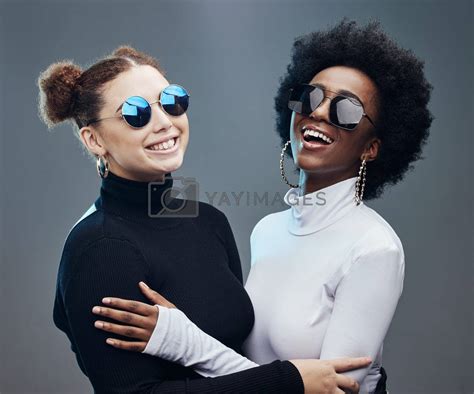 Fashion, futuristic and women smile in sunglasses, cyberpunk and trendy ...