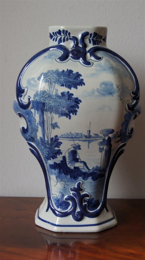 Antique Handpainted Delft Vase Blue White Pottery Marked