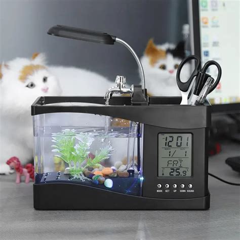 Mini Acuario De Escritorio USB Beta Con Luz LED Pantalla LCD Reloj