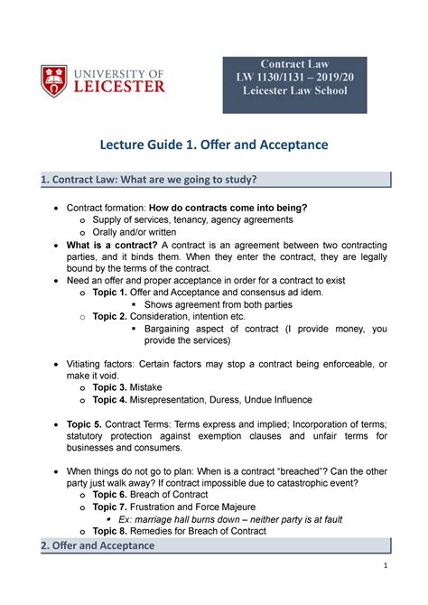 Contract Law 1 Lecture Notes Offer And Acceptance Contract Law Lw