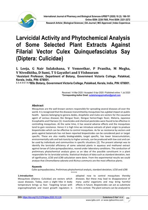 Pdf Larvicidal Activity And Phytochemical Analysis Of Some Selected