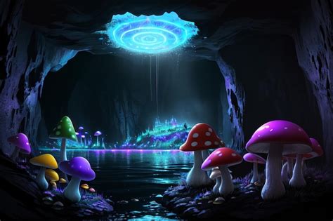 Premium Photo | A painting of mushrooms in a cave with a light on the ceiling.