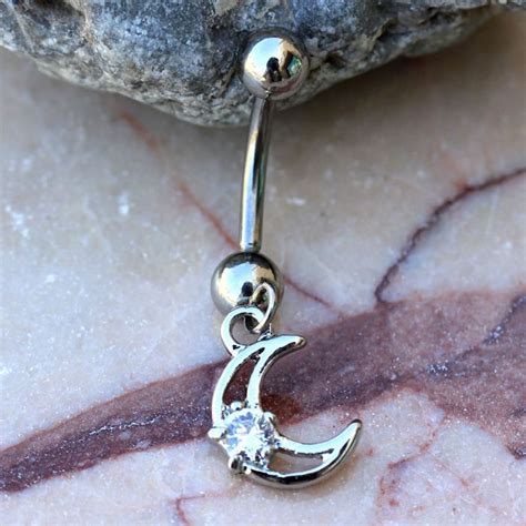 L Stainless Steel Moon And Star Dangle Navel Ring Etsy Body